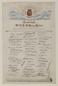 32786 Blad met handtekeningen van de deelnemers aan het diner aangeboden aan de hoogleraar dr. C.H.D. Buys Ballot ter ...